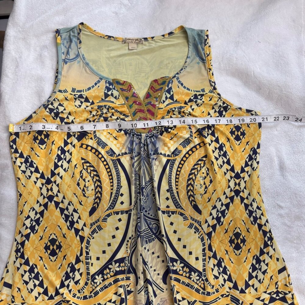 Energe Yellow Sleeveless Bohemian Tunic Top W/ Geometric Print Womens Size XL - Picture 9 of 13